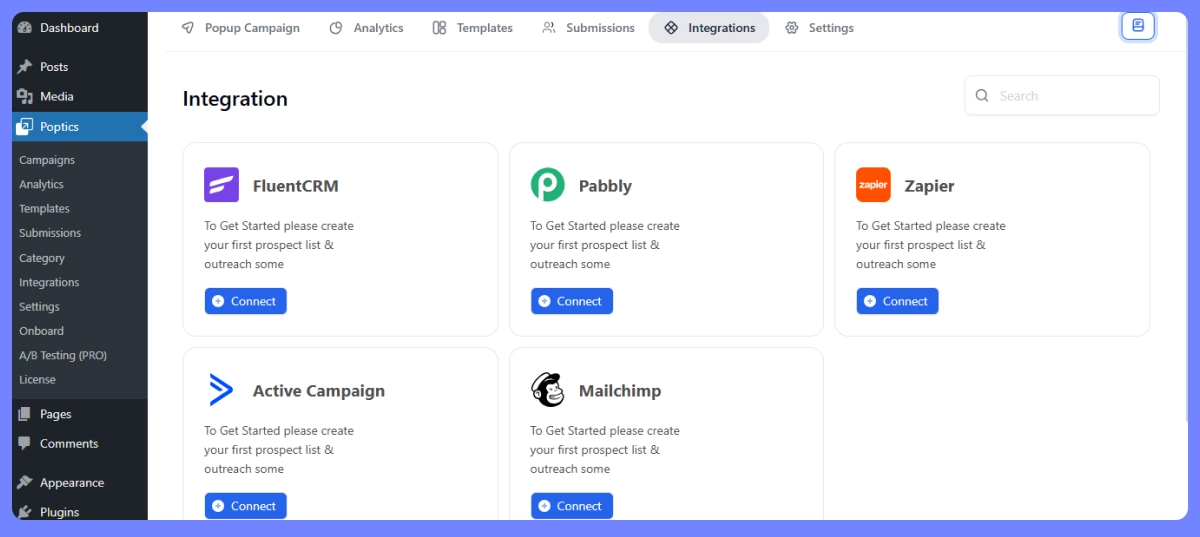 poptics popup plugin intregrations