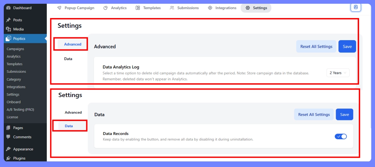 poptics Settings: Control Over Data