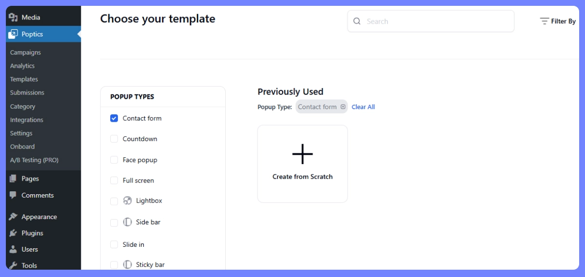 popup pre-design template selection